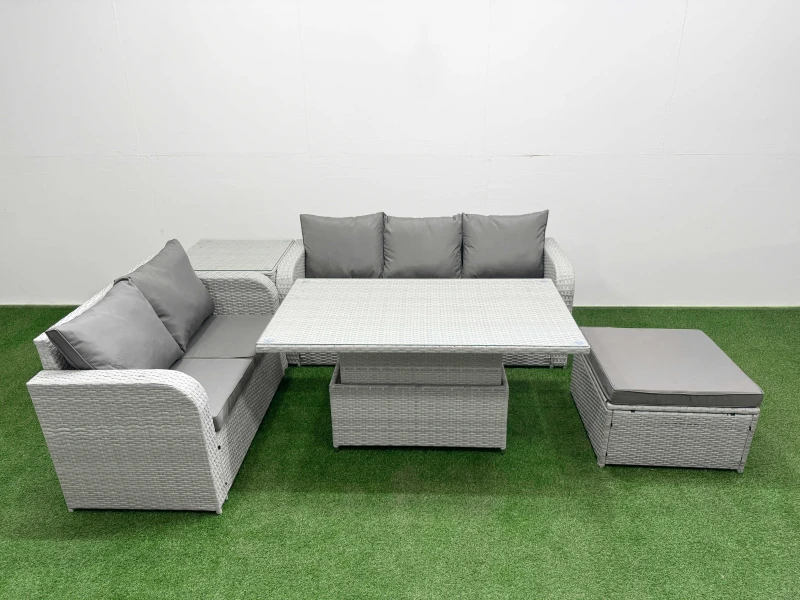 Image of Fimous 6 Seater PE Rattan Wicker Garden Furniture Patio Conservatory Sofa Set with Adjustable Lifting Dining Table Big Footstool Side Table