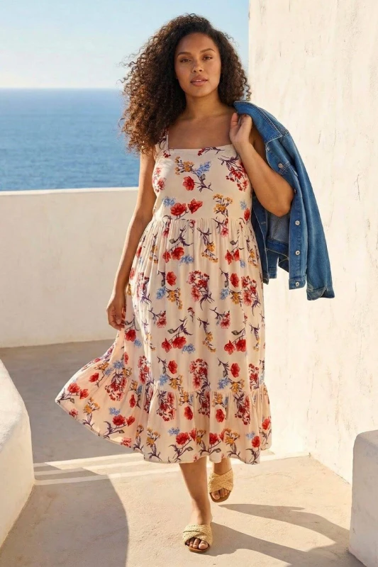 Image of Roman Womens Curve Ditsy Floral Strap Midi Dress in Beige Size: 18 Beige Female 18
