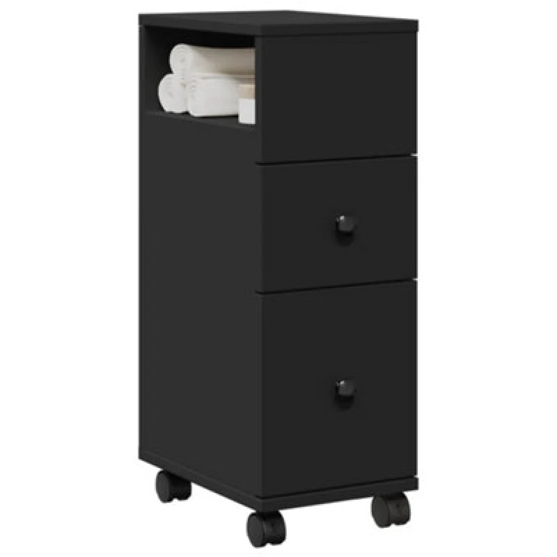 Image of Vidaxl Narrow Bathroom Cabinet With Wheels Black Engineered Wood