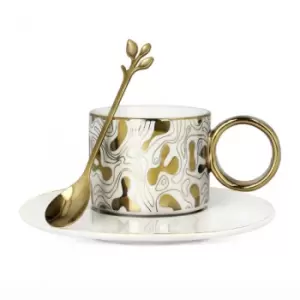 image of Cup with a saucer and spoon Homla NILA White & Gold, 150ml