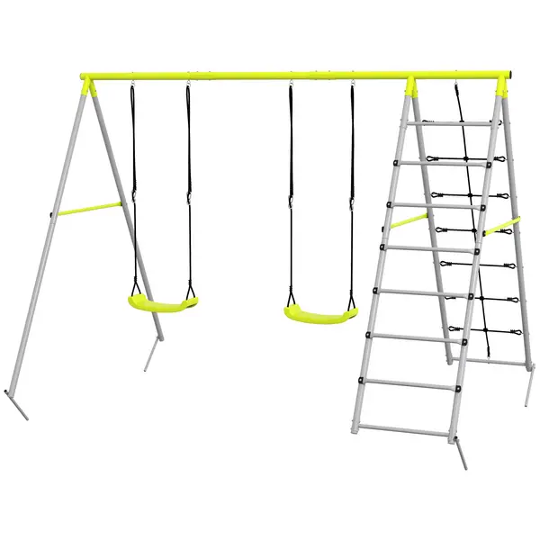 Image of Outsunny 4 in 1 Metal Garden Swing Set with Double Swings Climber Climbing Net Green