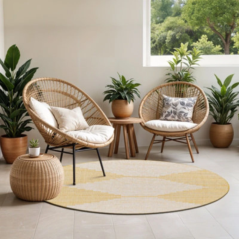 Image of Livabliss Round In- & Outdoor Global Saffron/grey Dolly Area Rug 160 X 160 Cm - Easy To Clean, Perfect For Balcony, Kitchen Or Dining Room