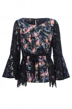 Image of French Connection Delphine Crepe Light Bell Sleeve Top Black Multi