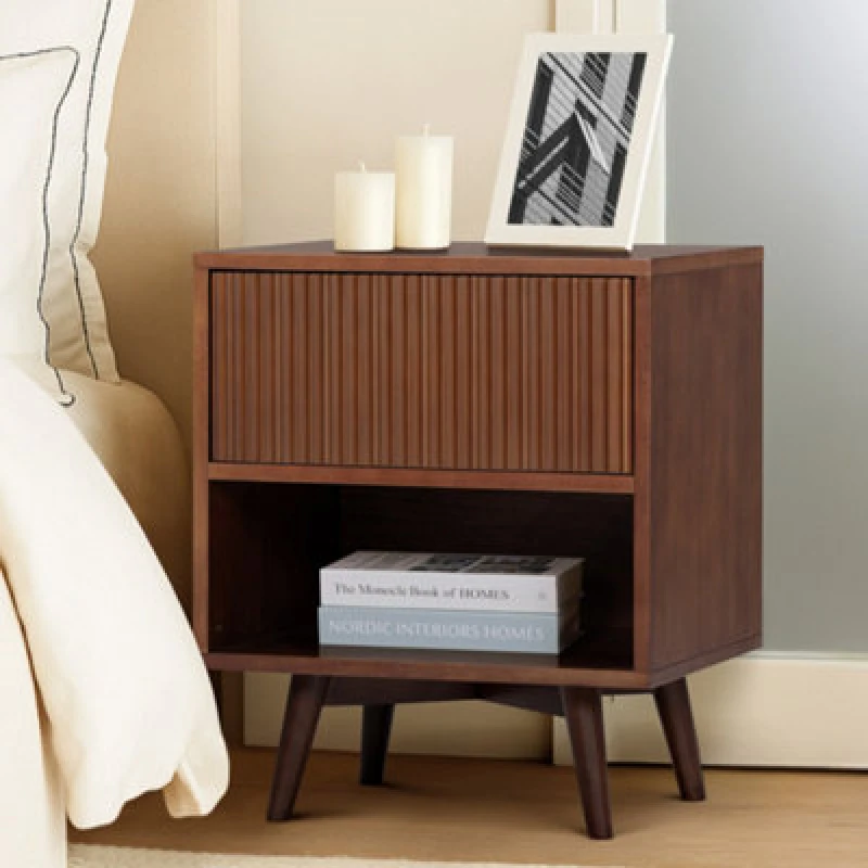 Image of Teamson Home Tremolo Bedside Table 1 Fluted Push-Open Drawer Nightstand, Walnut