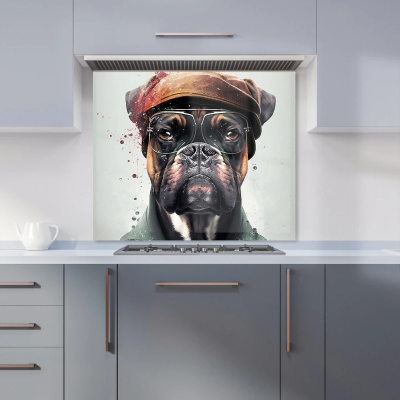 Image of Warren Reed - Designer Boxer Dog With Hat Splashart Kitchen Splashback Size: 600mm x 750mm Multicolor Unisex 600mm x 750mm