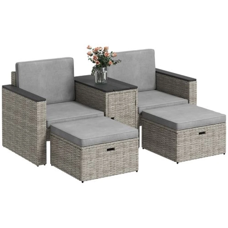 Image of Outsunny 5 Piece Rattan Garden Furniture Set w/ Storage Table, Stools, Grey Grey