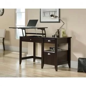 Image of Teknik Office Sit Stand Desk Jamocha Wood Left Side Desktop Lifting