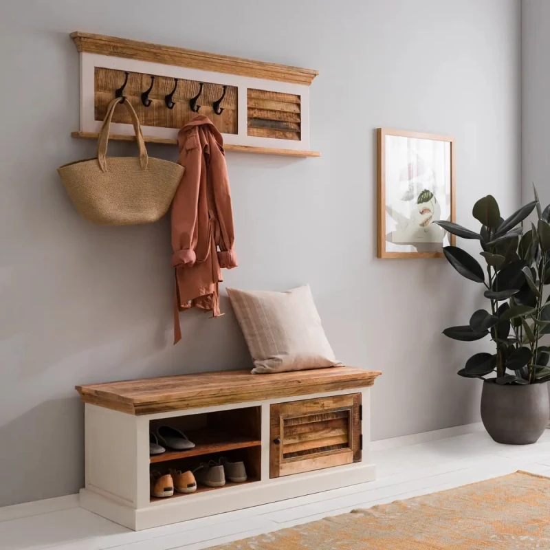 Image of Indian Hub Alfie Wood Shoe Rack & Hanger Wall Hook Set