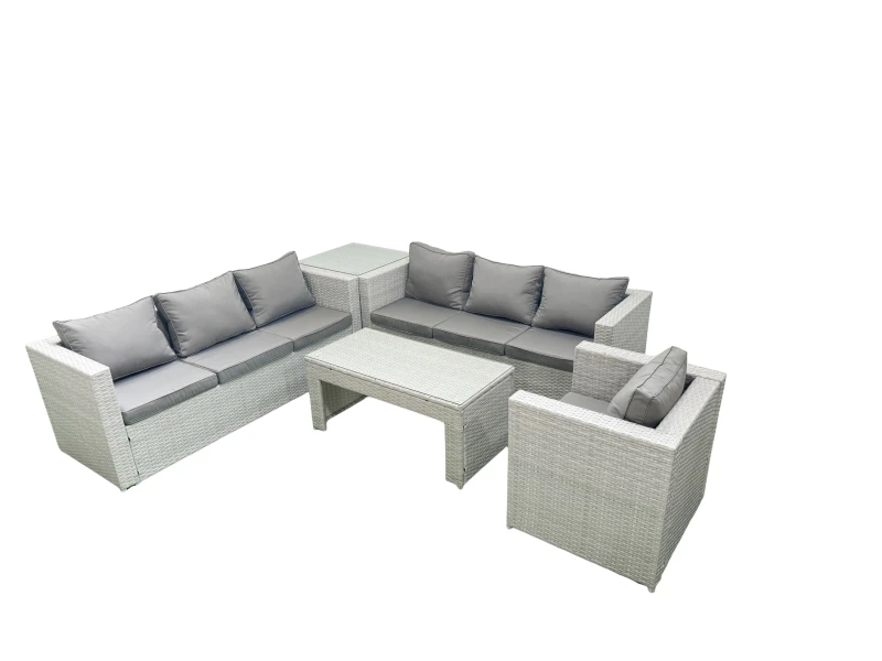 Image of Fimous Wicker PE Rattan Sofa Garden Furniture Set with Oblong Coffee Table Armchair Side Table Light Grey Mixed Light Grey
