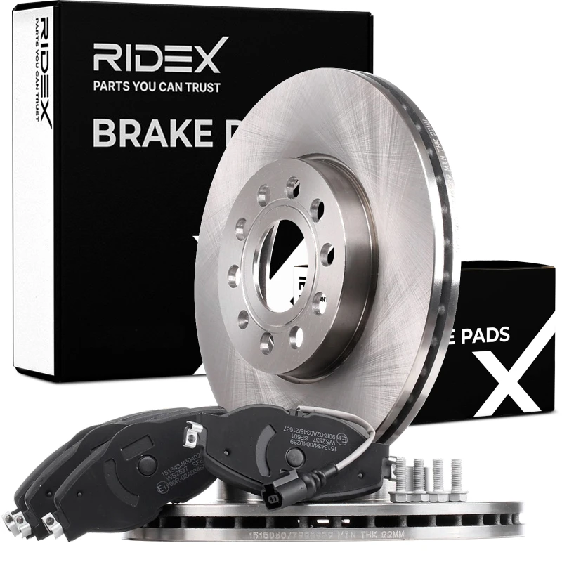 Image of RIDEX 3405B0416 Brake disc and pads set Front Axle, Brake Disc Type: Vented, incl. wear warning contact Brake Set,disc brakes (3405)