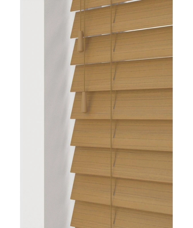 Image of New Edge Blinds Sahara Oak 50mm Fine Grain Slatted Faux Wood Venetian Blinds with Strings 120cm Drop in Camel Size: 70cm width x 130cm drop Camel