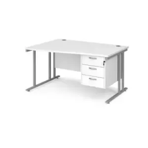 image of Office Desk Left Hand Wave Desk 1400mm With Pedestal White Top With Silver Frame Maestro 25 MC14WLP3SWH