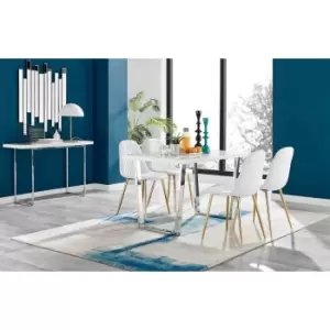 Image of Furniture Box Kylo White High Gloss Dining Table and 4 White Corona Gold Leg Chairs