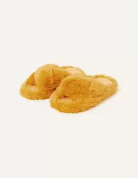 Image of Accessorize Womens Faux Fur Crossover Sliders Yellow, Size: S