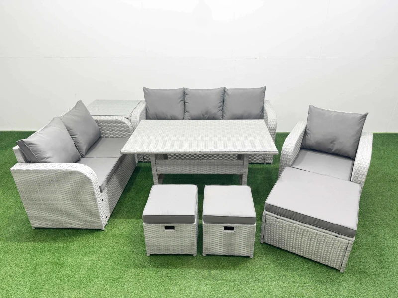 Image of Fimous Patio PE Wicker 9 Seater Outdoor Rattan Furniture Sofa Sets with Rectangular Dining Table Reclining Chair Loveseat Sofa 3 Seater Sofa Stool Sid