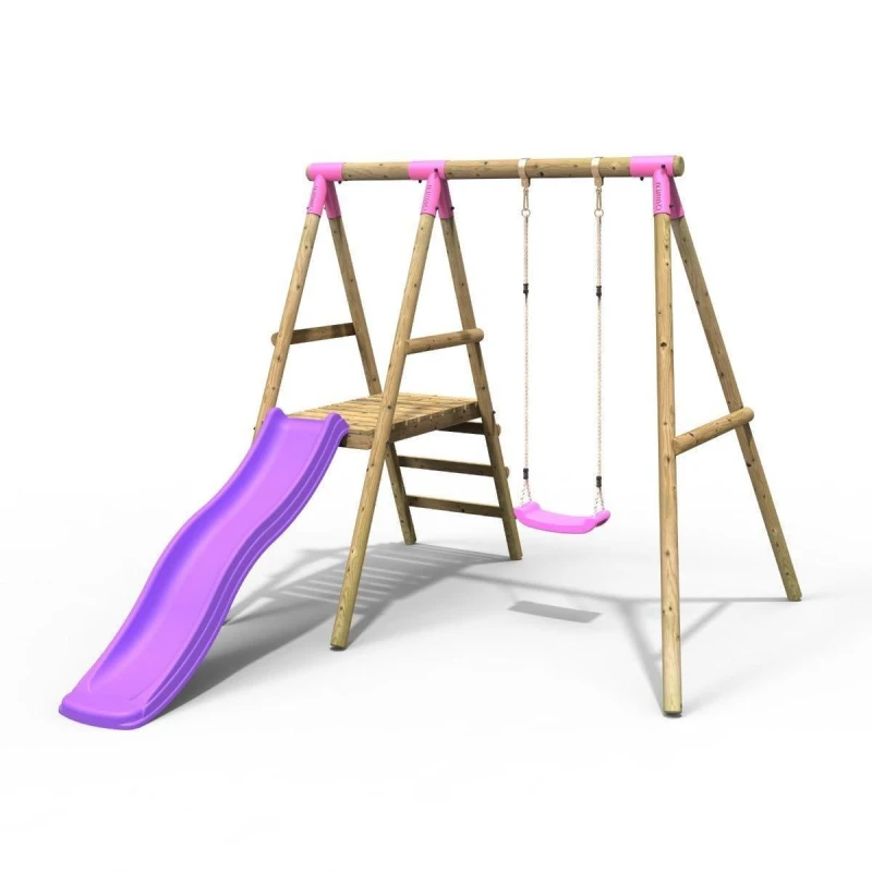 Image of Rebo Wooden Swing Set with Slide - Apollo Pink Pink