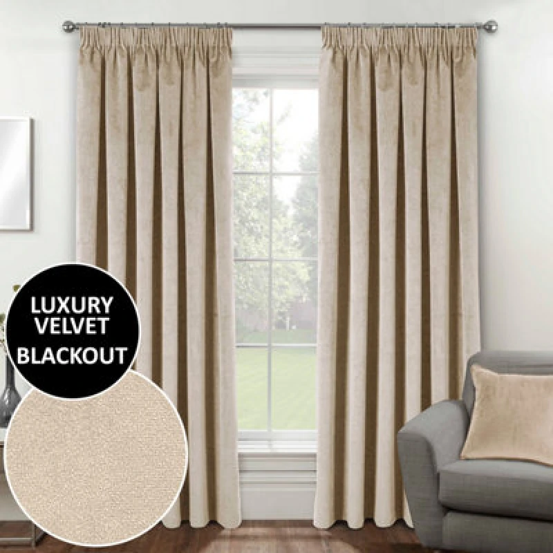 Image of Luxury Enhanced Living Cream Velvet, Supersoft, 100% Blackout, Thermal Curtains With Tape Top (Pair) - 66 X 90" (168X229Cm)