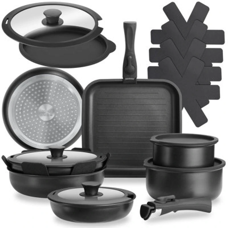 Image of Tectake Pot And Pan Set Parma17 Pcs Including Lids, Utensils And Felt Protectors - Black