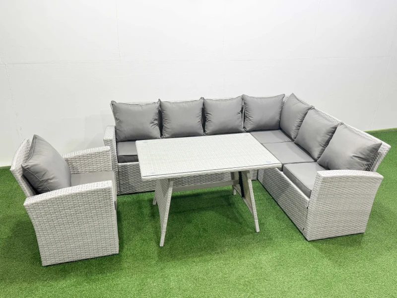 Image of Fimous 7 Seater Garden Outdoor Rattan Furniture Set Dining Table & Armchair in Light Grey Light Grey Unisex