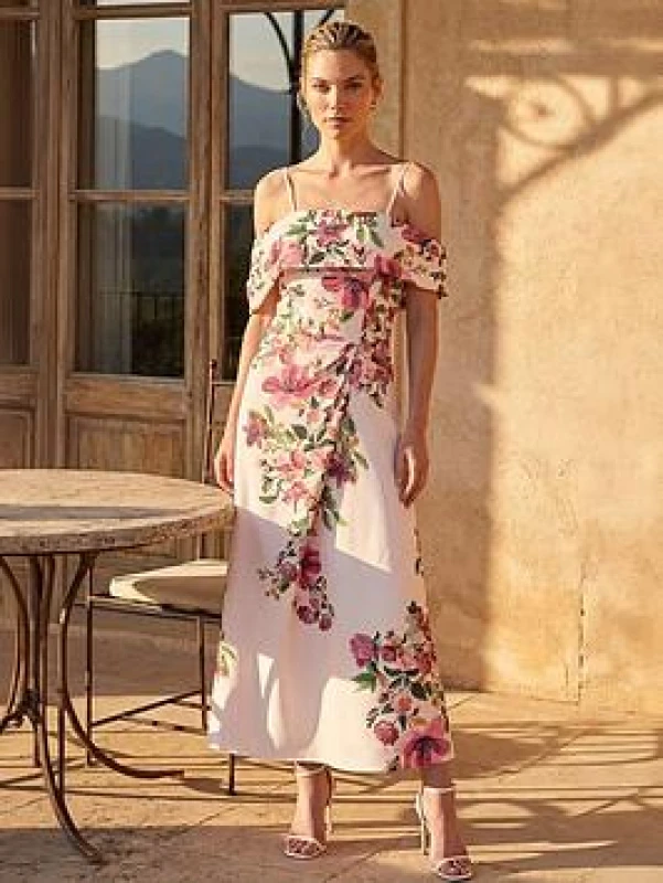 Image of Roman Womens Floral Premium Stretch Midi Dress in Cream Size: 12 Cream Female 12