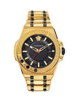 Image of Versace Chain Reaction Black And Gold Ip Date Dial Two Tone Stainless Steel Bracelet Mens Watch