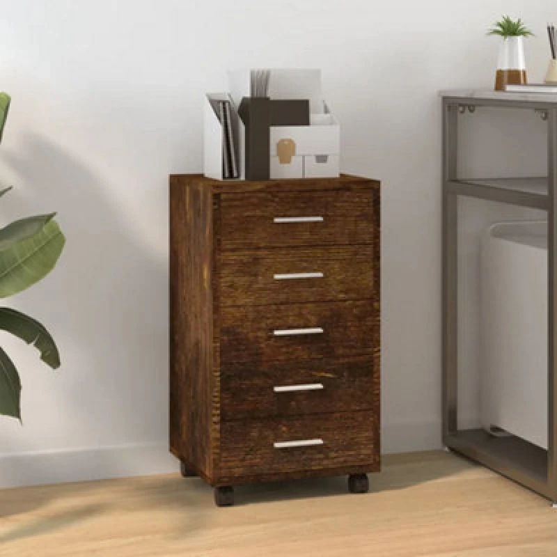 Image of Vidaxl Drawer Cabinet With Castors Smoked Oak Engineered Wood, Brown 342674