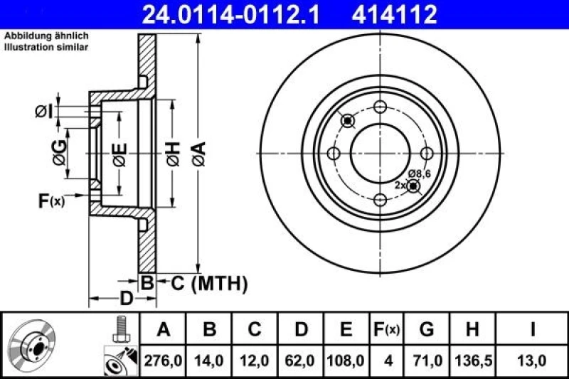 Image of ATE 24.0114-0112.1 Brake disc Solid, Coated, with bolts/screws Brake Disc (82)