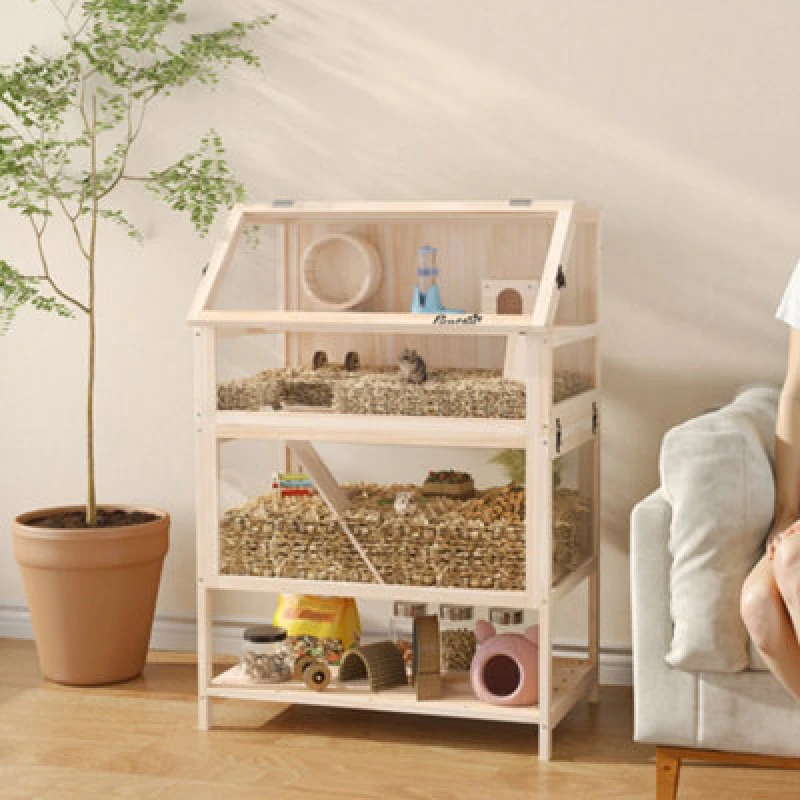 Image of Pawhut Wooden 3 Tier Hamster Cage With Storage Shelf For Dwarf, Gerbil