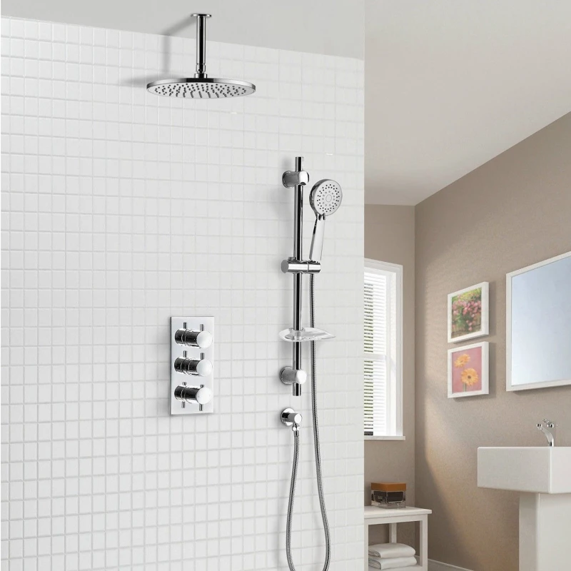 Image of Nes Home Calla Round Concealed Thermostatic Shower Valve Mixer Ceiling Head & Adjustable Slider Rail Handset Set in Silver Silver Unisex