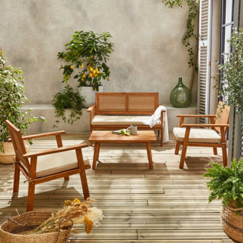 Image of Sweeek - 4-Seater Wooden And Cane Rattan Garden Sofa Set Brown And Beige 117X64X74cm - Bohemia