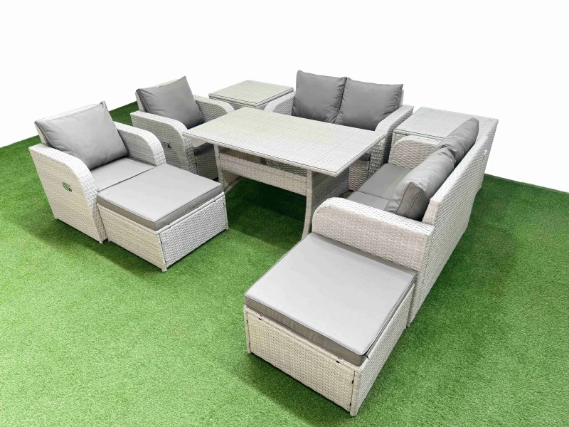 Image of Fimous 8 Seater Outdoor Reclining Chair Love Sofa Set Rattan Garden Furniture Set with Rectangular Dining Table 2 Big FootStools 2 Side Table Light G