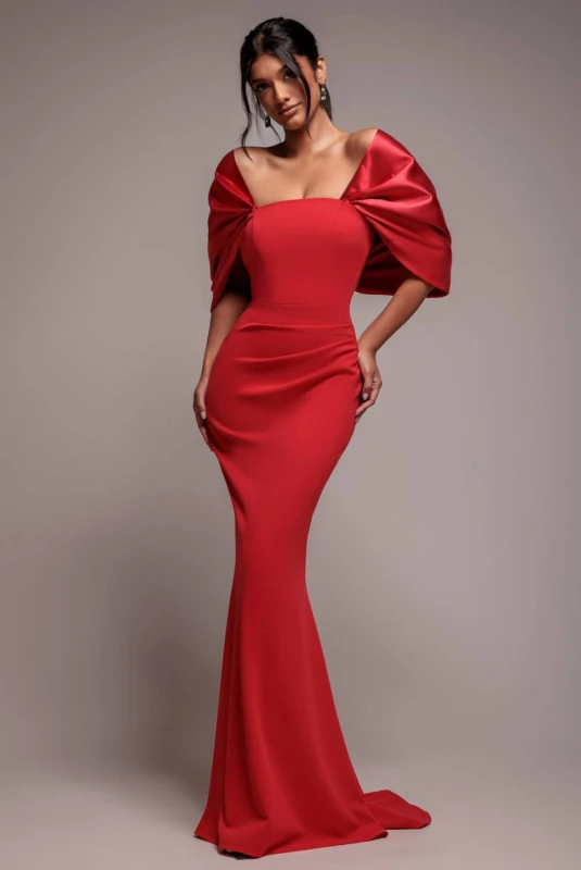 Image of Goddiva Womens Off Shoulder Back Satin Bow Scuba Maxi Dress in Red Size: 10 Red Female 10