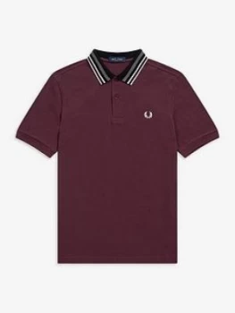 Image of Fred Perry Striped Collar Polo, Mahogany Size M Men
