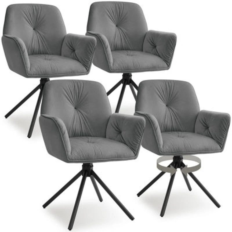 Image of Tectake Set Of 4 Swivel Chair Lenia - Upholstered, Padded, 56.5 X 54 X 86cm - Velvet Look Anthracite/black