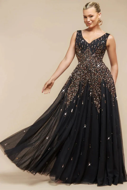 Image of Goddiva Womens Sunray Sequin A Line Sleeveless Maxi Dress in Black Size: 10 Black Female 10