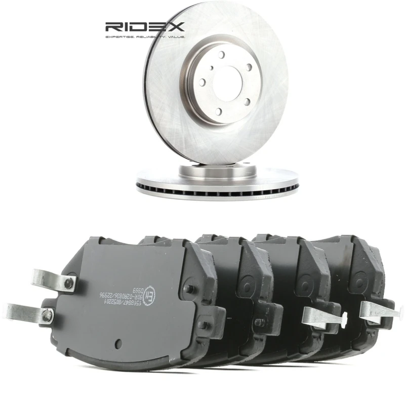 Image of RIDEX 3405B1956 Brake disc and pads set Front Axle, Brake Disc Type: internally vented, with acoustic wear warning Brake Set,disc brakes (3405)