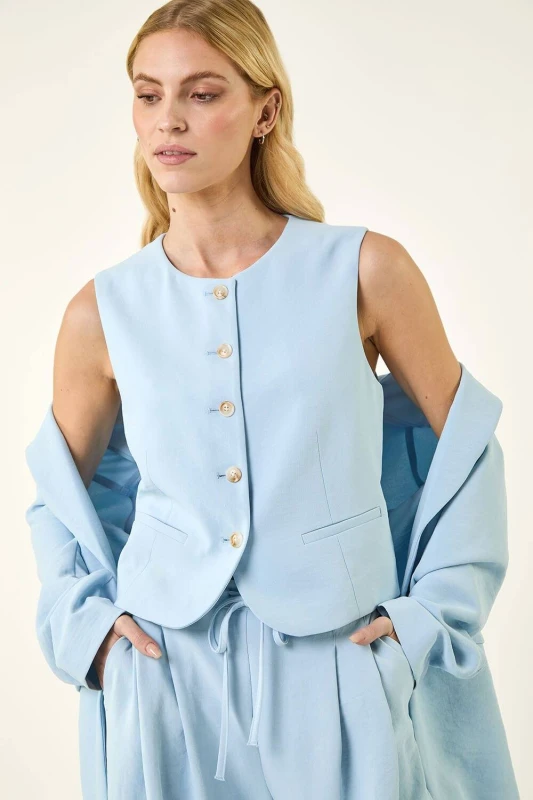 Image of Roman Womens Buttoned Waistcoat in Light Blue Size: 10 Light Blue Female 10