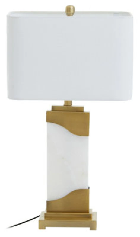 Image of Orsina White Marble Table Lamp With Gold Plated Frame, Pedestal Base With Ivory Shade, Lighting For Bedroom