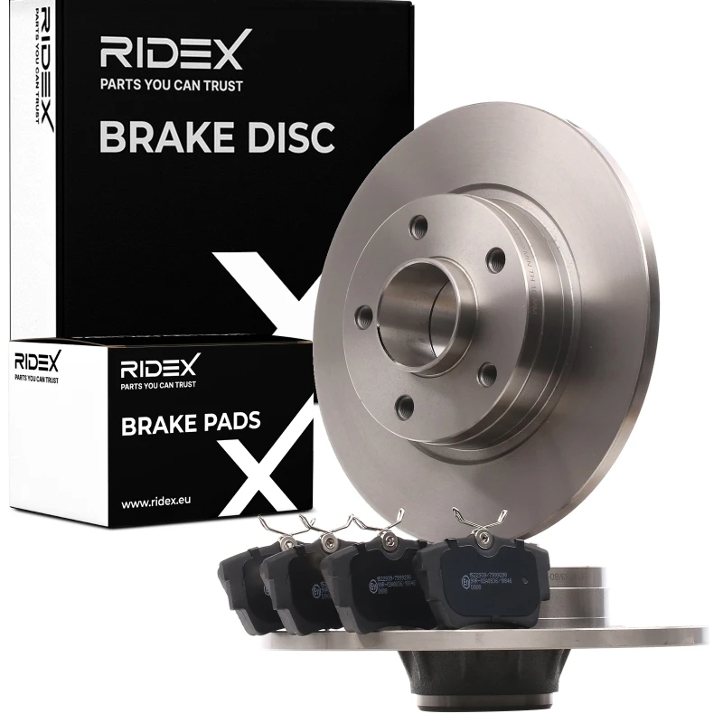 Image of RIDEX 3405B1098 Brake disc and pads set Rear Axle, Brake Disc Type: Solid Brake Set,disc brakes (3405)