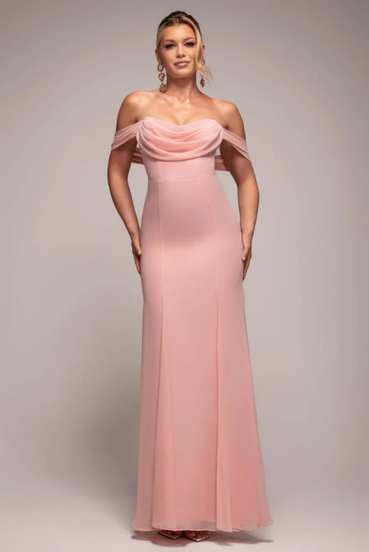 Image of Goddiva Womens Chiffon Bardot Cowl Neck Maxi Dress in Light Pink Size: 8 Light Pink Female 8