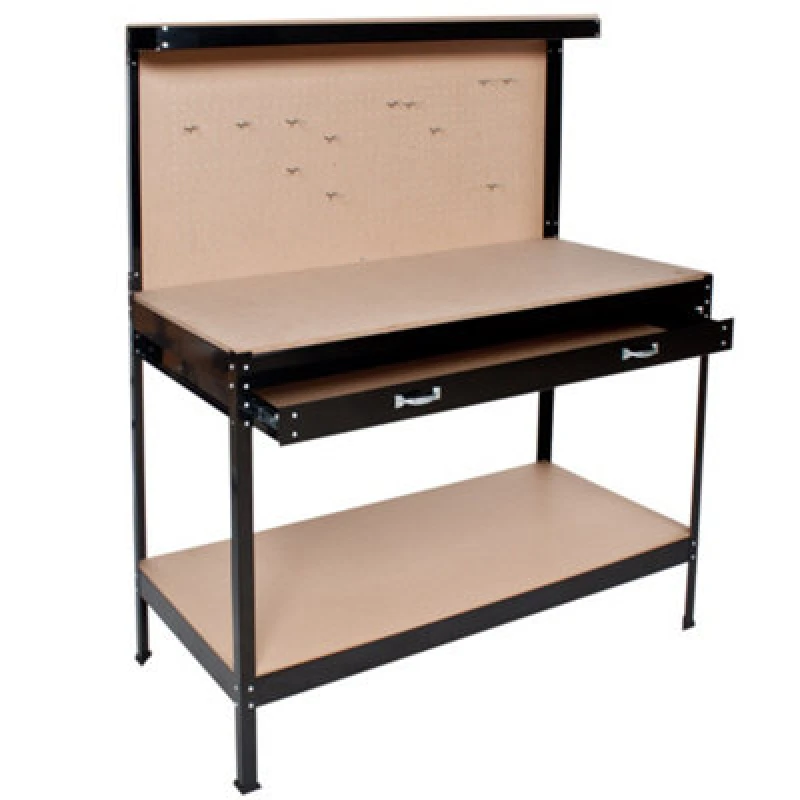 Image of Tectake Workbench With Pegboard, 2 Shelves, 1 Large Drawer, 12 Hooks 120 X 60 X 156cm - Black