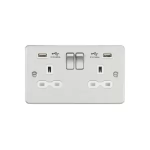 image of Knightsbridge - Flat plate 13A 2G switched socket with dual usb charger (2.4A) - brushed chrome with white insert