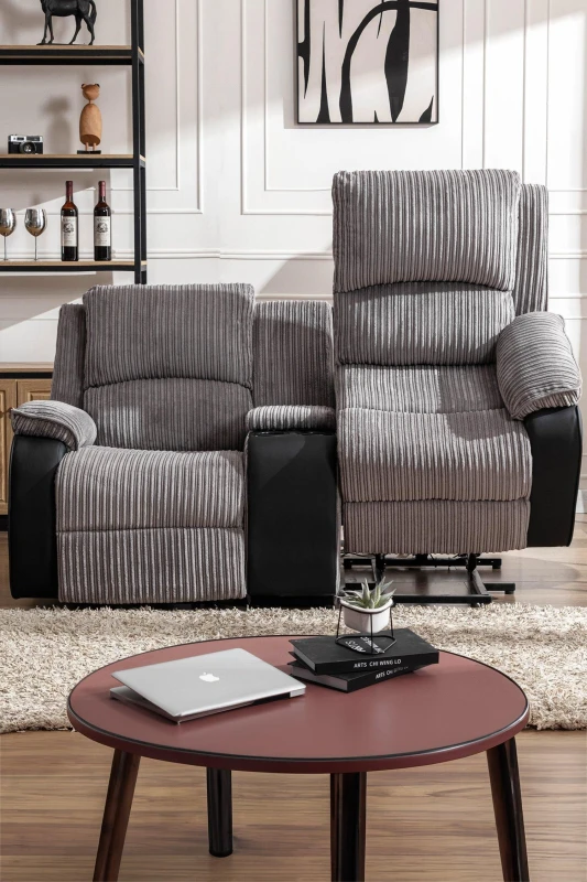 Image of More4Homes Postana Single Motor Rise Recliner 2 Seater Jumbo Cord Drinks Console Mobility Sofa (Grey)