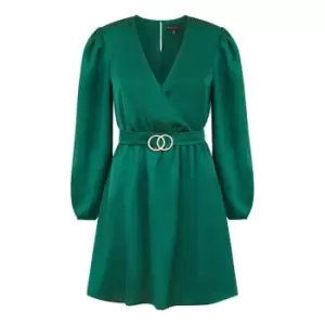 Image of Mela London Green Satin Wrap Dress With Buckle Waist - Green