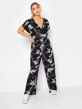 image of M&Co Black Floral Wrap Jumpsuit, Black, Size 12, Women