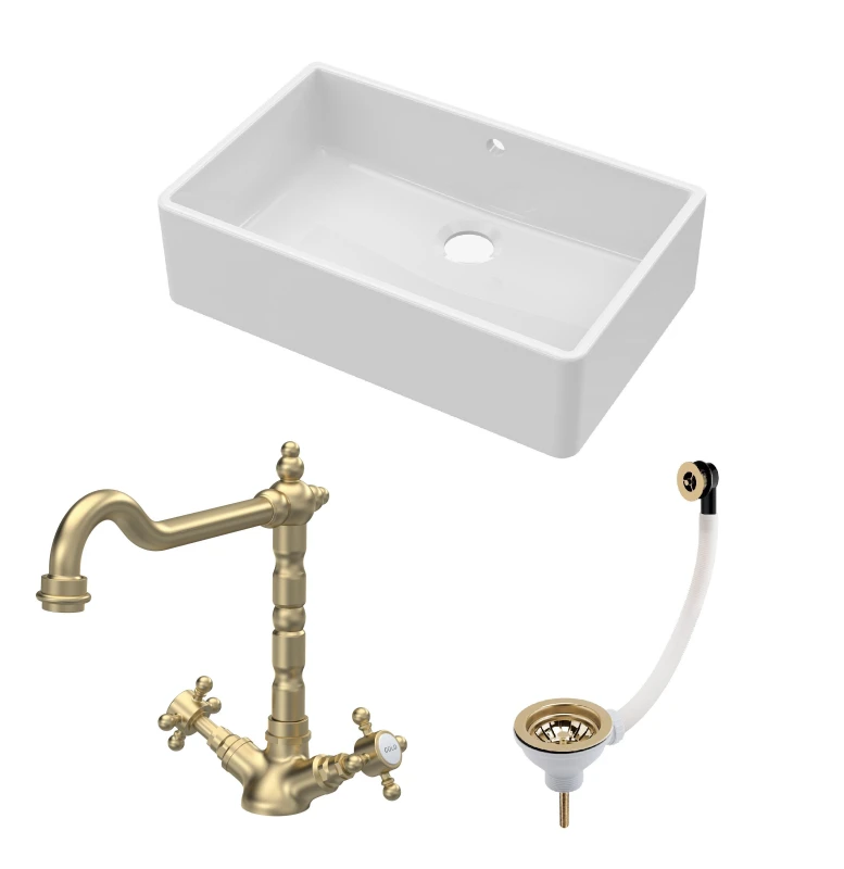 Image of BALTERLEY Fireclay Kitchen Bundle - Single Bowl Butler Sink with Overflow, Waste & Classic Mono Tap, 595mm - Brushed Brass - Balterley BKS207WT13