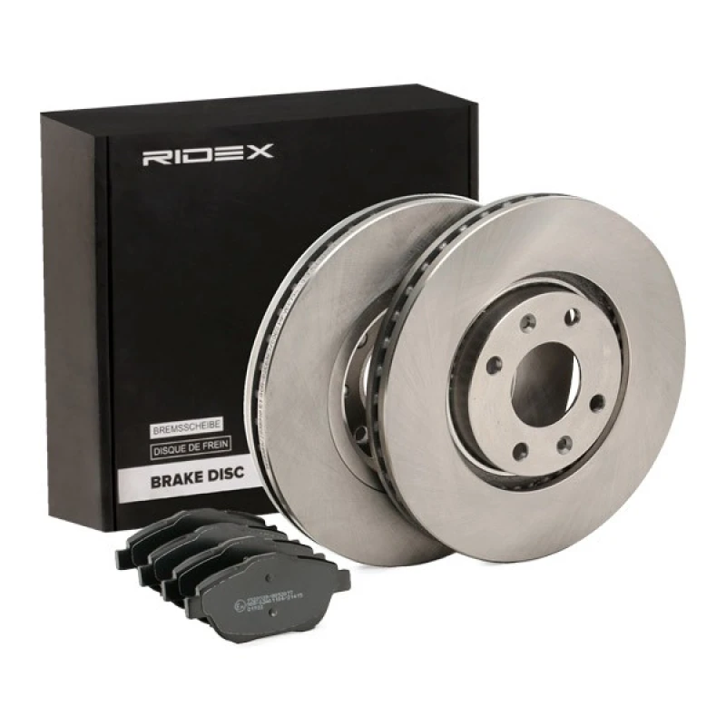 Image of RIDEX 3405B1550 Brake disc and pads set Front Axle, Brake Disc Type: Vented, not prepared for wear warning indicator, with anti-squeak plate Brake Se