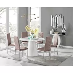 Image of Furniture Box Palma White High Gloss Round Dining Table and 6 Cappuccino Milan Chrome Leg Chairs