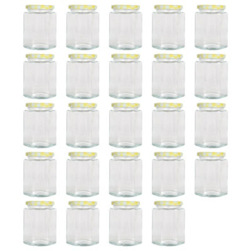 Image of Argon Tableware Hexagonal Glass Jam Jars With Yellow Gingham Lids - 250ml - Pack Of 24