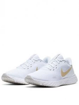 image of Nike Revolution 5 Trainer - White/Gold, Size 4, Women